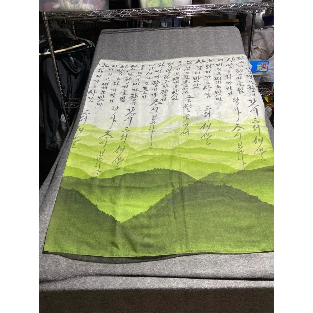 Korean Hangeul Poem Scarf Calligraphy Mountain Landscape Print Sheer Wrap 84x74
